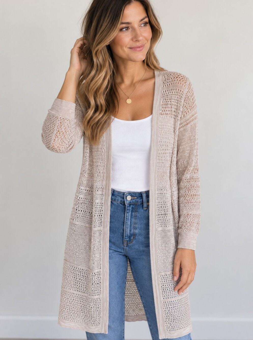 White House Black Market women's transitional crochet long lightweight cardigan